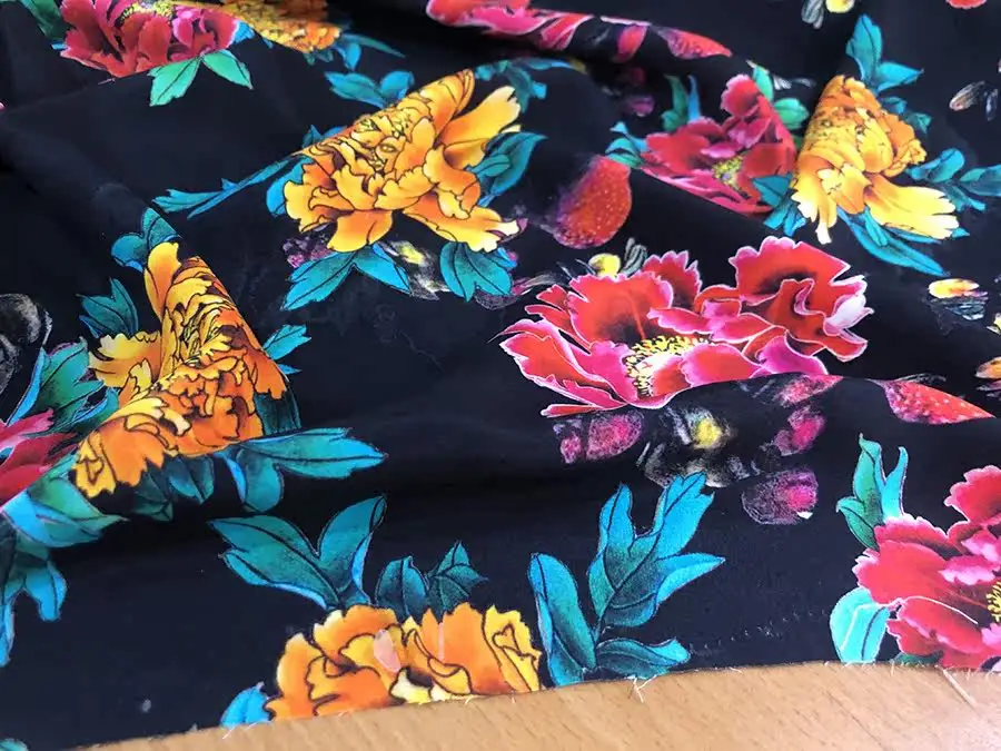Designer Cloth 30 Momme Elastic Heavy Crepe Silk Clothing Fabric Dark Blue Bottom Peony Blossom Inkjet Silk Fabric DIY