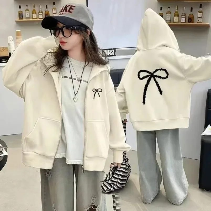 5-14 الفتيات سنوات سترات رجالي البلوز معاطف جديد الخريف الاطفال القوس طباعة رقيقة سستة ملابس خارجية الربيع في سن المراهقة الملابس الرياضية #4