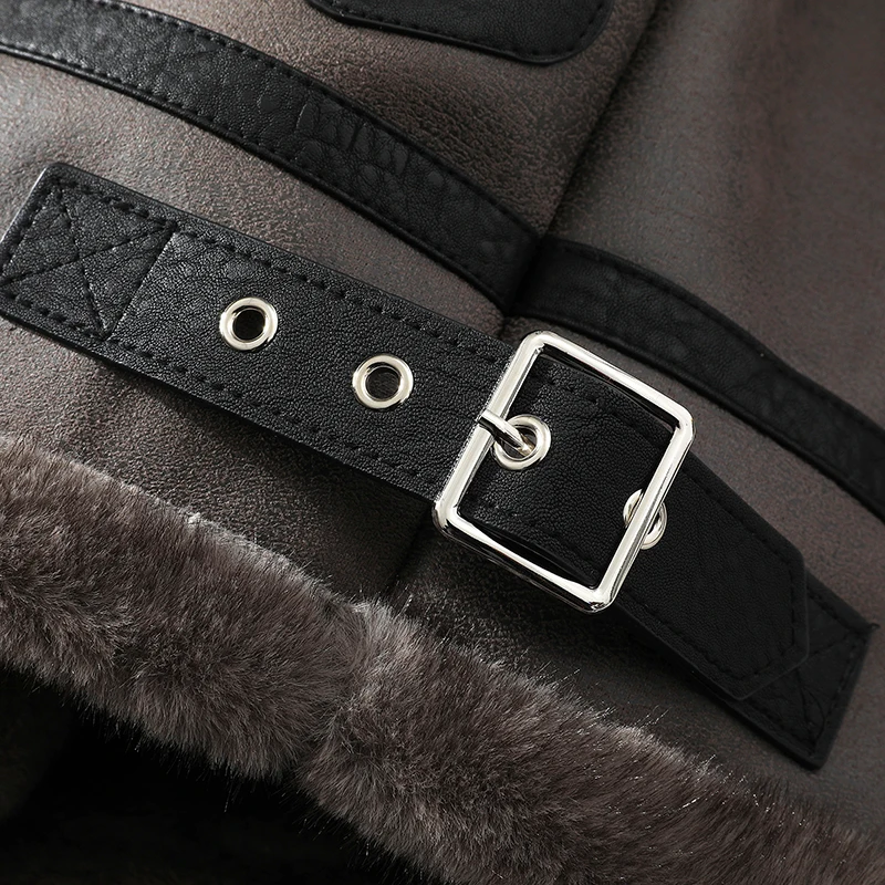 

2025 New Men's Warm Contrast Color Leather Coat Winter Faux Fur Turn-down Collar Long Sleeve Jacket, Vintage Biker Style
