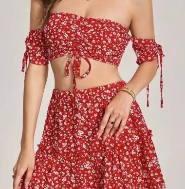 

Sexy off shoulder one neck short top+slimming short skirt floral two-piece set for women