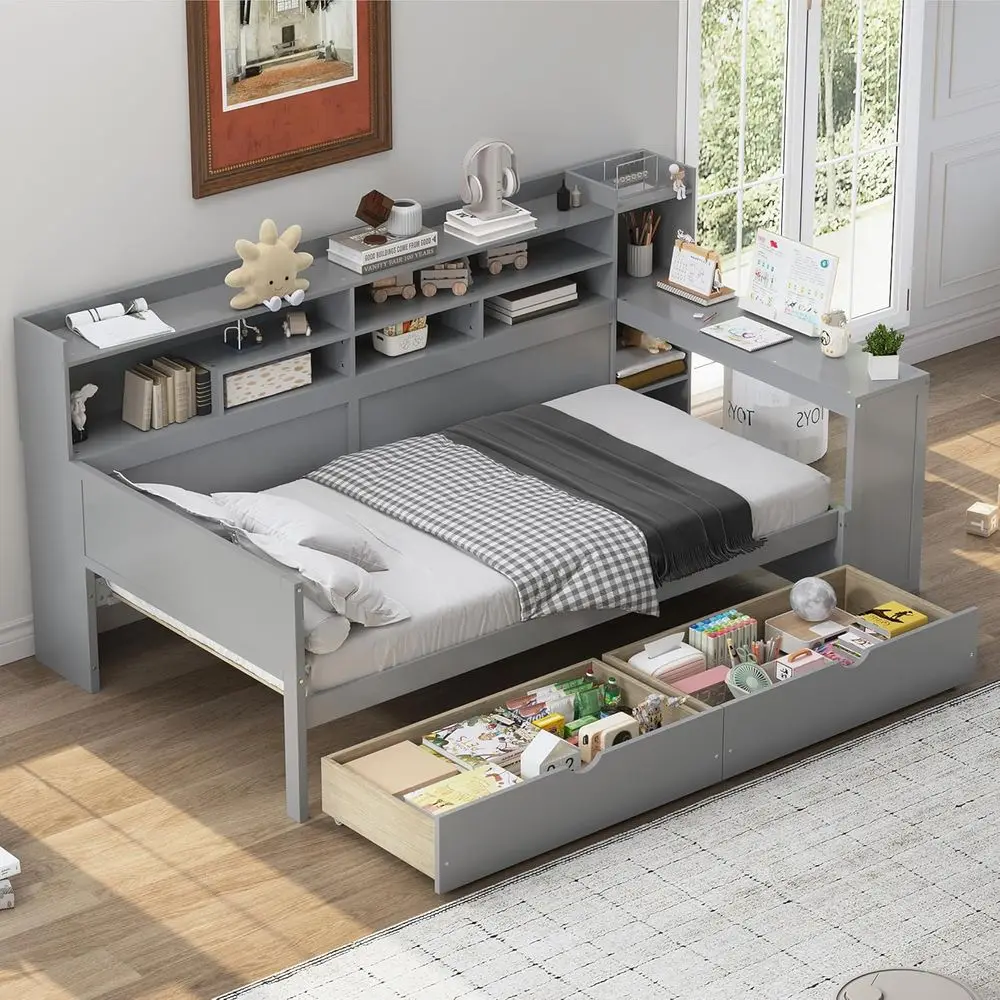 Gray Twin Daybed with Storage and Desk, Multi-Functional Wooden Bed with 2 Drawers