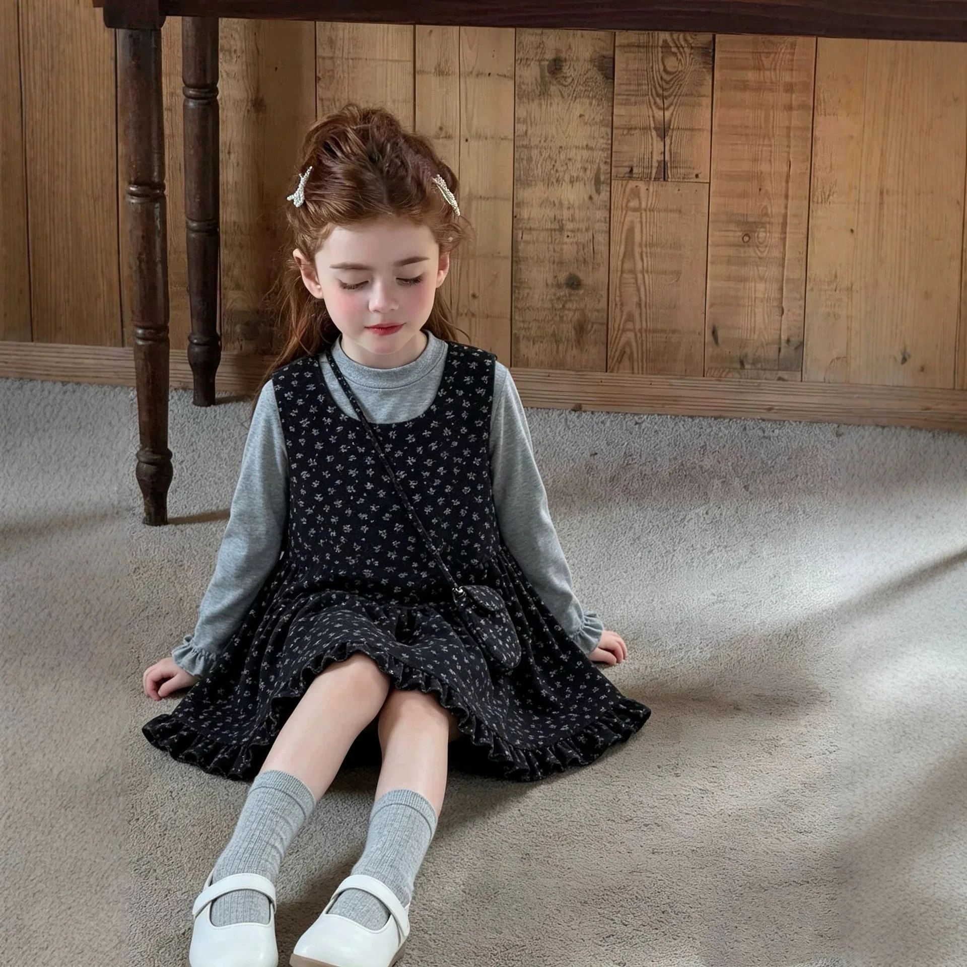 Korean Girls' Floral Vest Dress Set Autumn Winter New Children's Long Sleeved Base Shirt Suspender Dress Two-piece Set