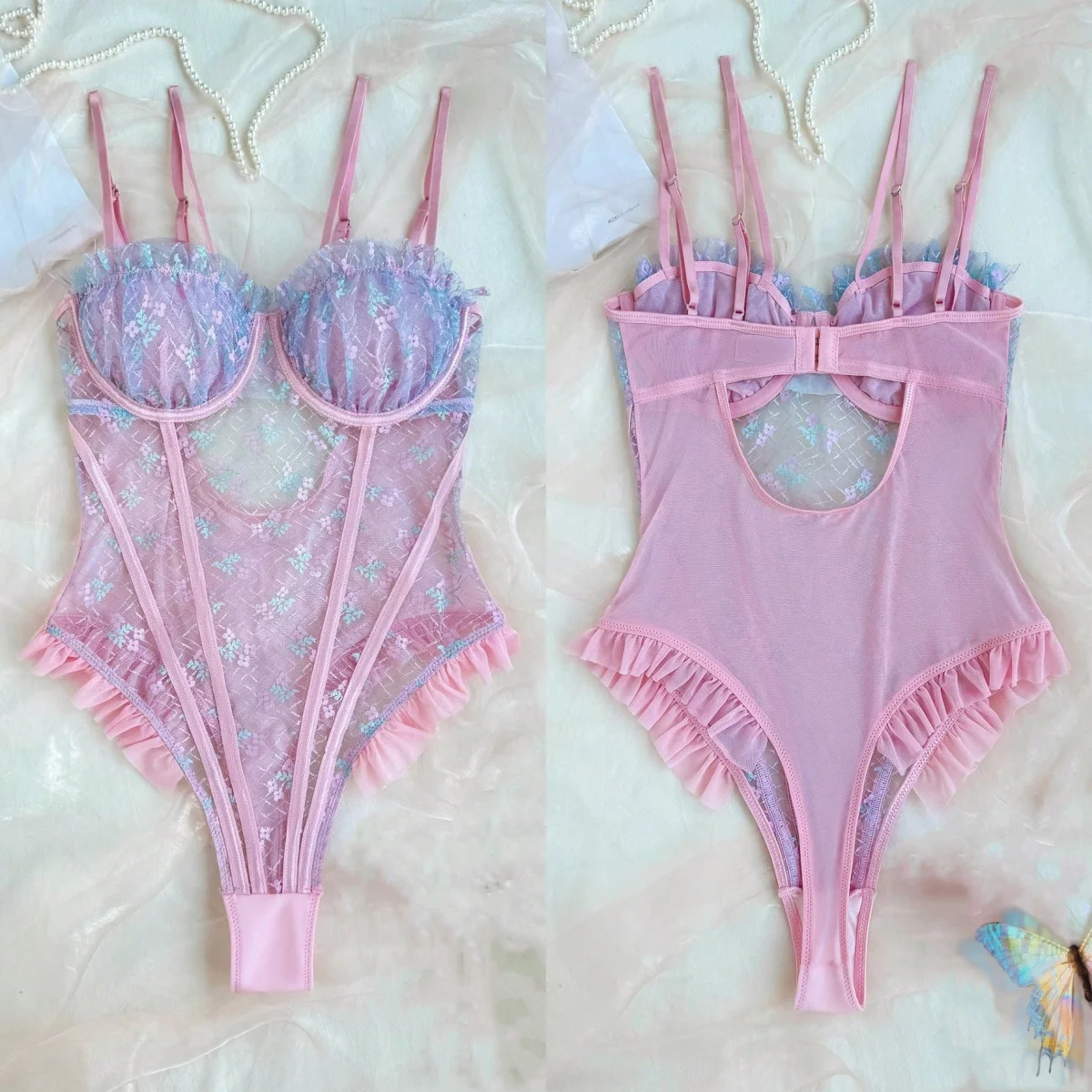 

Кружевное боди, сексуальное элегантное женское боди с оборками, необычный комплект Onlyfans, романтический розовый прозрачный сексуальный топ