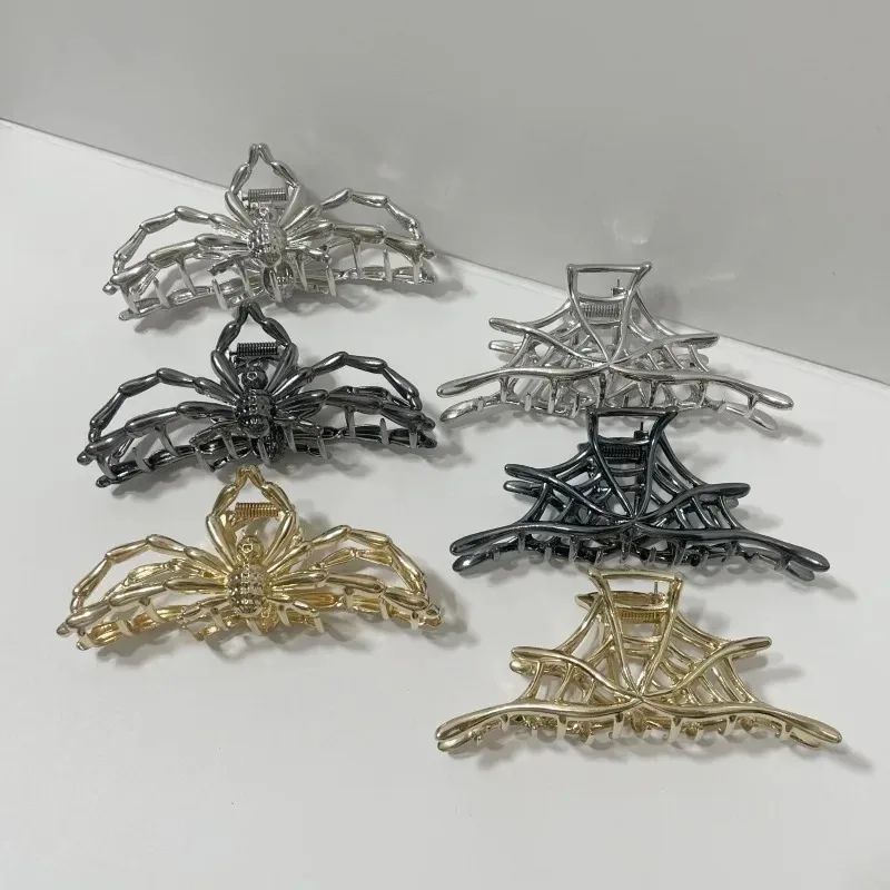 New 2023 Halloween Spider Skeleton Hair Claw Clips for Women Jewelry Accessories Black Silver Gold Large Barrette Party Headwear