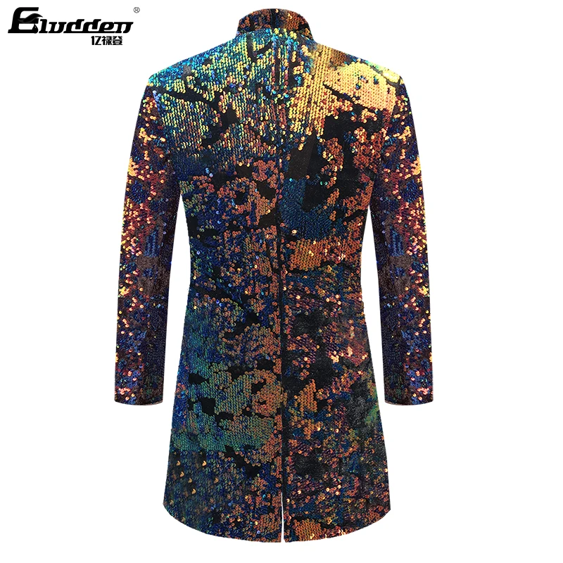 Men Double-sided Colorful Sequins Long Suit Jacket Blazer Male Gradient Sequins Coat Stage Singer Costume Shiny trench jacket