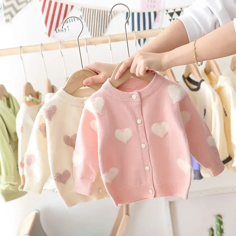 

Ins Autumn Children Girls Sweater Cotton Love Printed Toddler Girls Knitwear Coat Loose Round Collar Infant Babys Girls Cardigan
