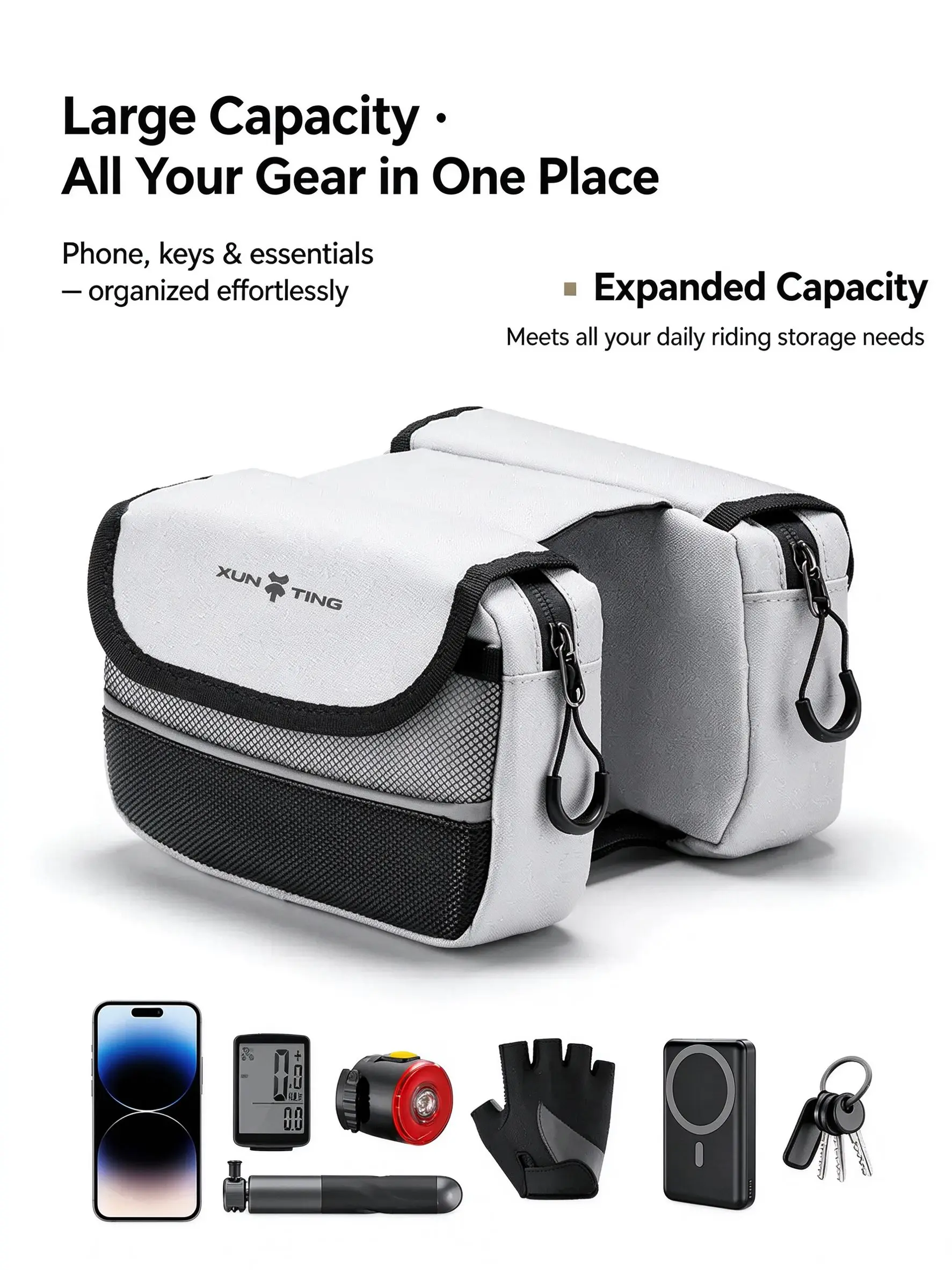 Bicycle Top Tube Bag Bike Frame Bag Mountain Bike Phone Bag Touch Screen Quick Access Dual Zipper High Strength Fiber XUNTIN