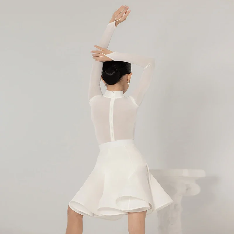 Weiß Latin Dance Lange Ärmel Cha Cha Rumba Kleidung Mädchen Kinder Samba Tanz Praxis Wettbewerb Kleid Samt Tanz Kleid