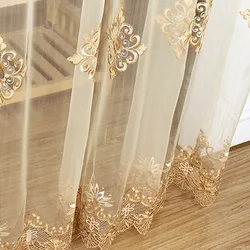 Luxury Embroidered Sheer Voile Curtains Window Drapes Cortina for Living Room Door Gold Lace Curtains Tulle Windows