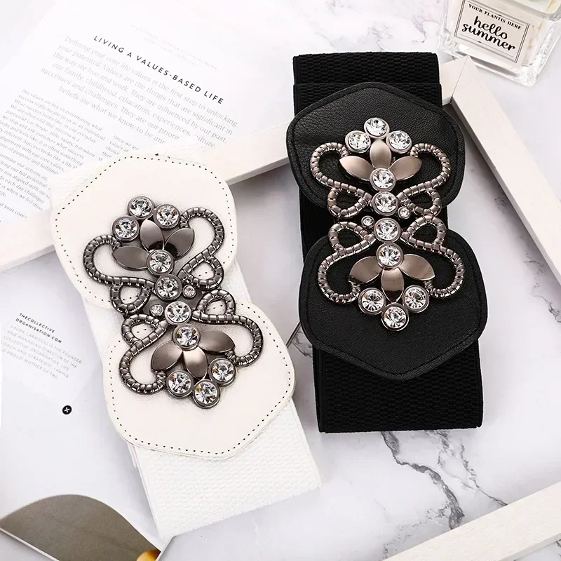 

Ladies Elastic Wide Girdle Down Jacket Sweater Dress Rhinestone Decorative Belt for Woman Brand Luxury Designers Women Belts