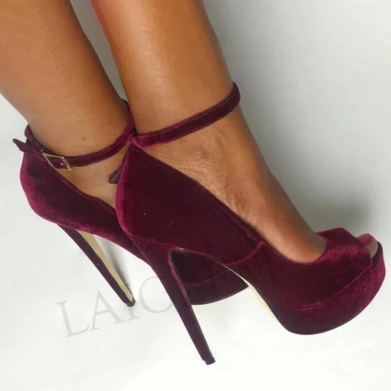 LAIGZEM Women Faux Velvet Peep Toe Ankle Strap Pumps Platform Evening Dress Party Custom Tacones Mujer Large Size 40 43 45 52