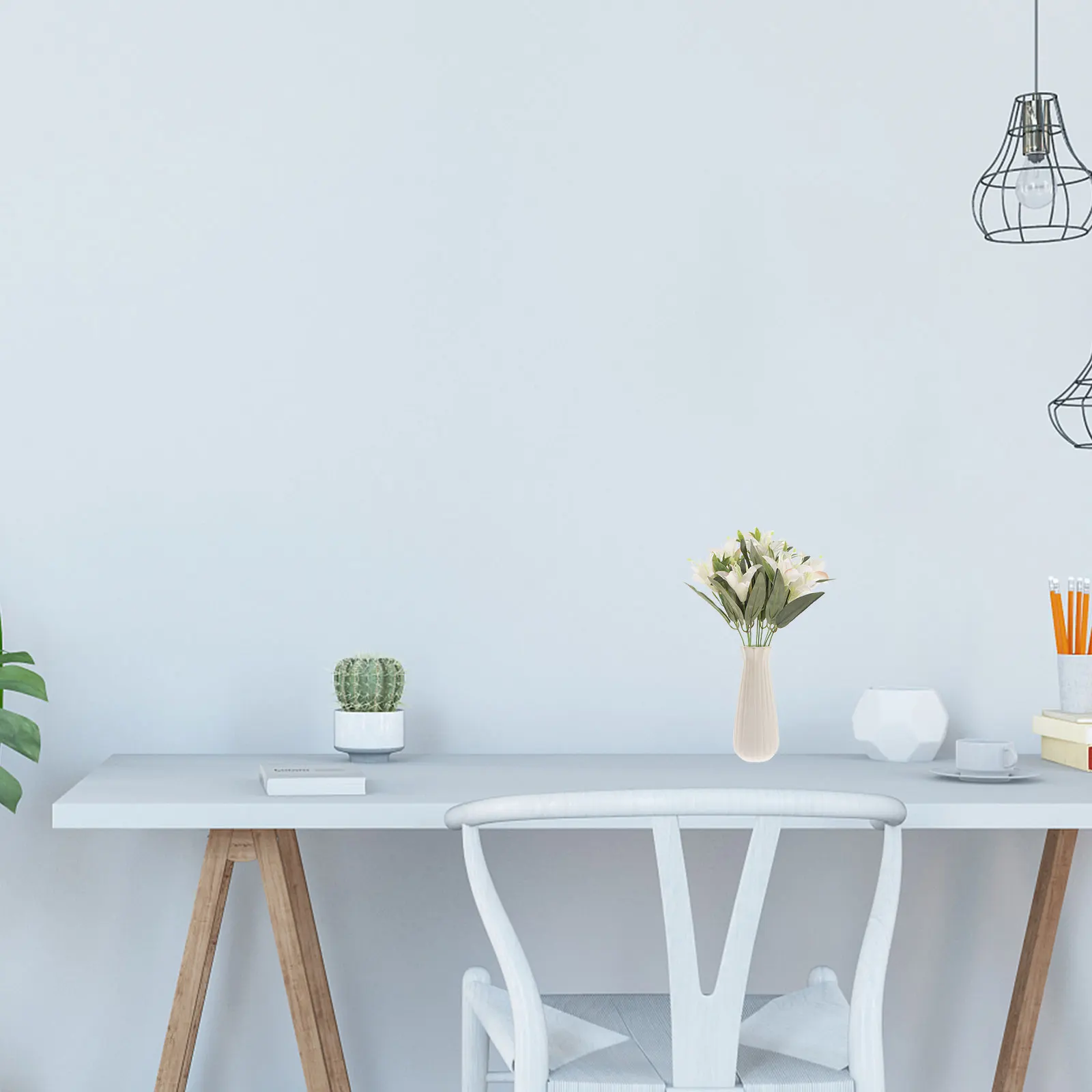 

Artificial Lily Flower Bouquet Lifelike Silk Fabric Realistic Bouquet Wedding Party Home Office Decoration Reusable Ornamental