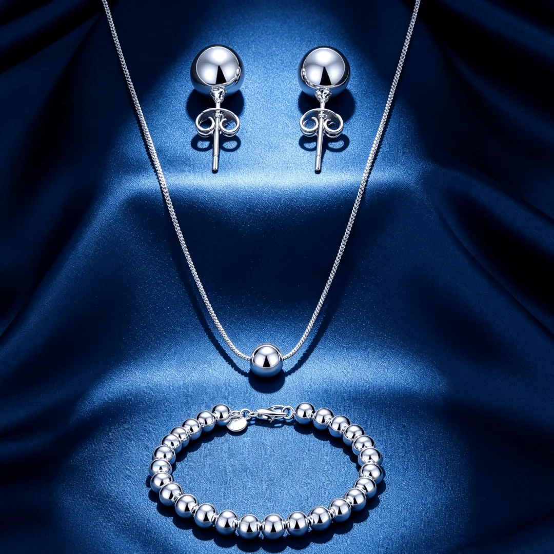 Hot Cute 925 Sterling Silver Custom Beads Necklaces Bracelet Earring Women Fashion Jewelry Sets Hip-hop Accessories