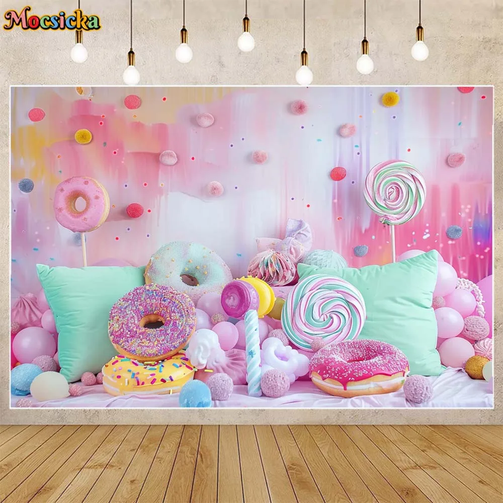 Mocsicka Baby Kids Photo Background Donut Lollipop Pillow Newborn Portrait Backdrop Photography for Photo Studio Photocall Props