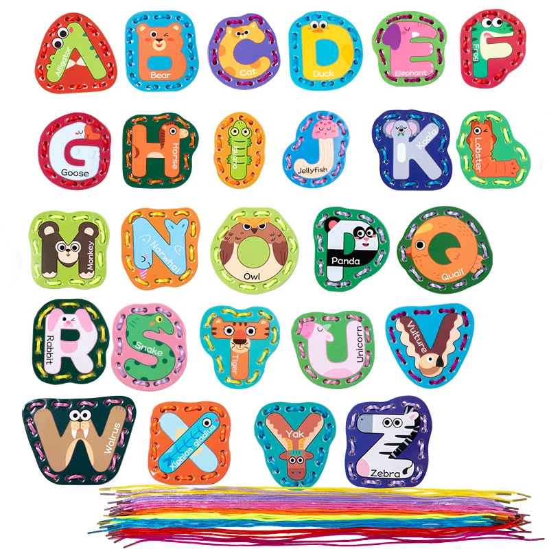 Wooden Lacing Toys Fine Motor Skill Montessori Sensory Toys Sewing Cards Lacing Playing Game for Kid Preschool Learning Activity