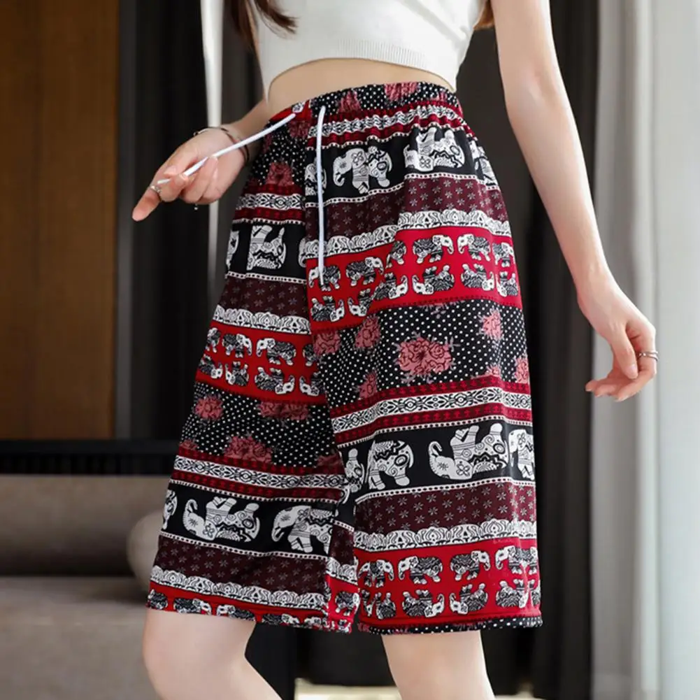 Thiland Elephant Print Women Shorts Drawstring Elastic Waist Wide