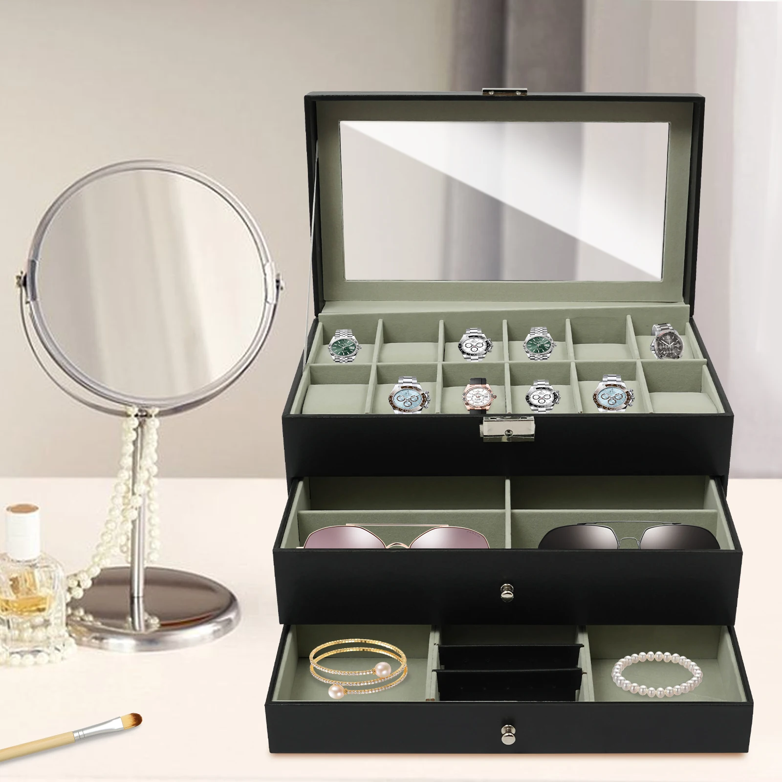 

3-Layer PU Jewelry Box,Desktop Jewelry Cabinet,Watch Box Case with 12 Watch Slot and 2 Drawer for Cufflink, Necklac,Tie,Sunglass