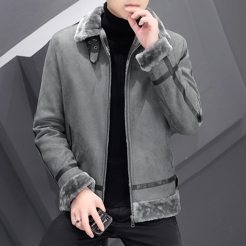 

Men's Cotton Jaet Fce Lined Fur Inteated Trendy Deer Skin Velvet Autumn Winter Thi Warm Coat Retro Sle Zipper Closure