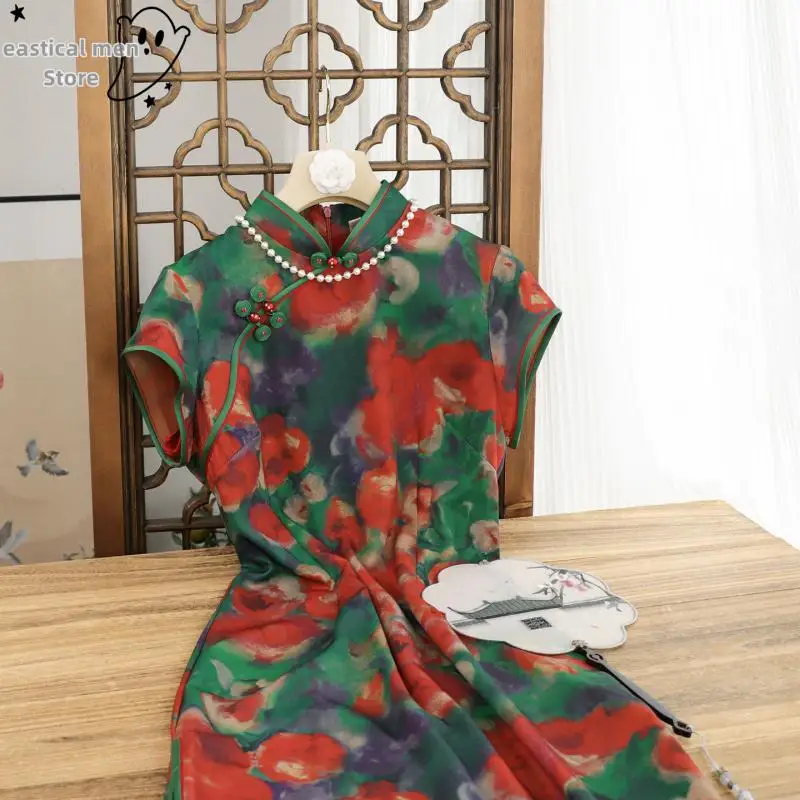 Old Shanghai Women Print Qipao Dress Improved Chinese Style Dresses Sexy Sleeveless Cheongsam Vintage Mandarin Collar Robe