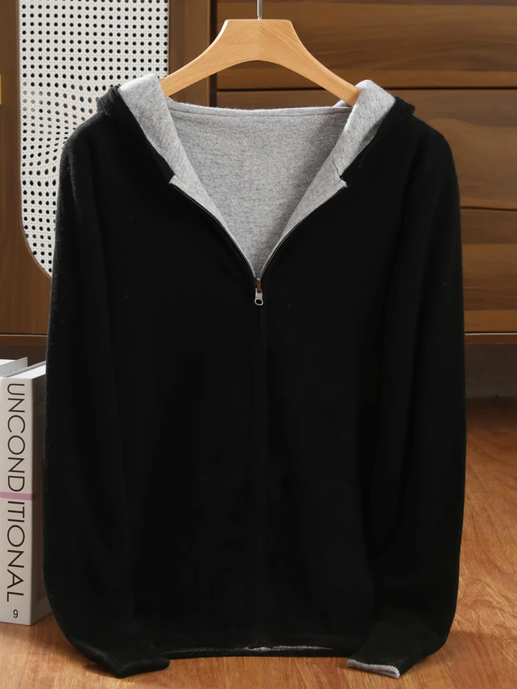 Cardigã Masculino de Cashmere com Capuz e Zíper Dupla Face, Cores Contrastantes, Grosso e Solto, Suéter Casual de Tricô para Outono e Inverno