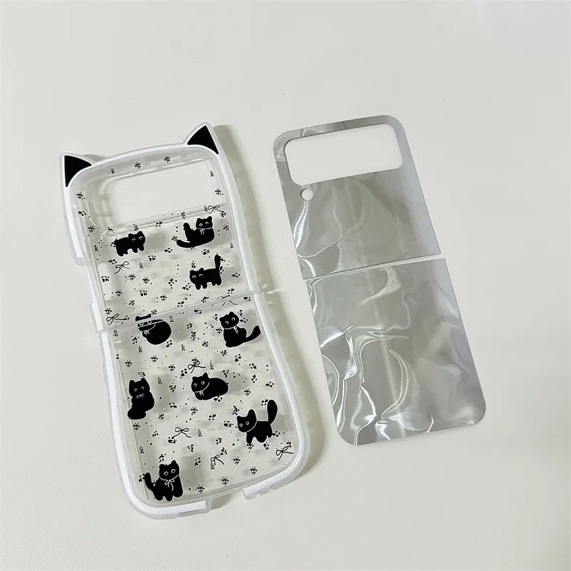 Preto orelhas de gato caso de telefone para samsung galaxy z flip 7 6 5 4 capa protetora traseira para zflip5 zflip6 zflip7 caso escudo