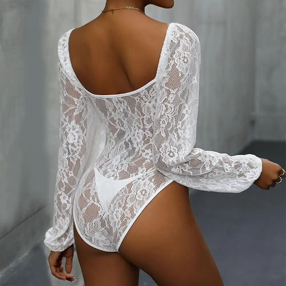 

Soft Bodysuit Elegant V-neck Lace Romper with Flower Embroidery Hollow Out Design for Women Slim Fit Long Sleeve for Ladies