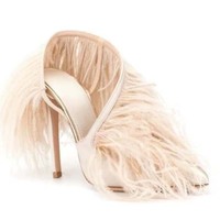 Europe America Women High Heeled Shoes For Woman's Feather Fur Thin Heels Pointed Toe Elastic Cord Pumps Mujer Party Dance Shoes