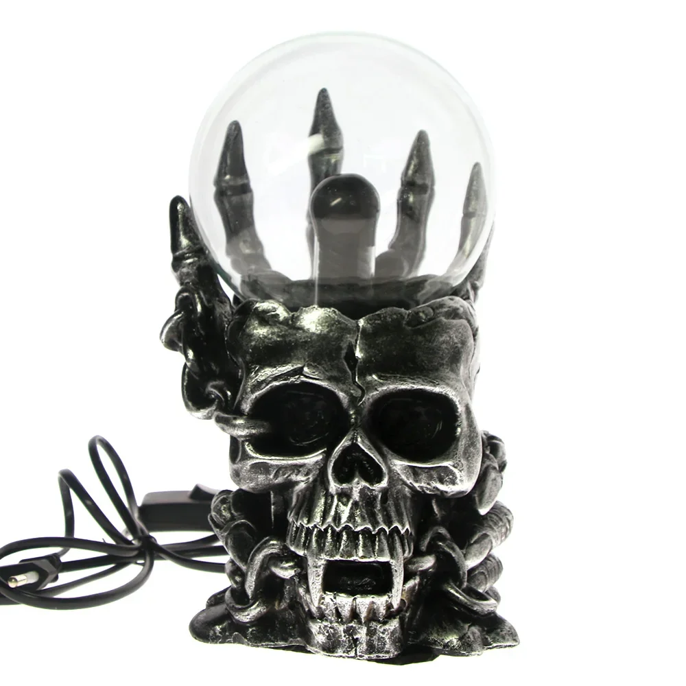 MGT Magic Skull Head Glass Sculpture Statue Lightning Plasma Ball Touch Sensitive Vampire Skull Head Decorative Accent Figurine