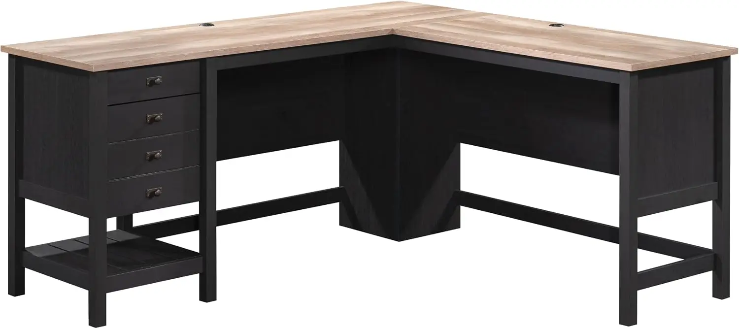 Cottage Road L Shaped Desk with Drawers, Home Office Desk, File Cabinet Storage, Cable Management, Raven Oak Finish, Standard