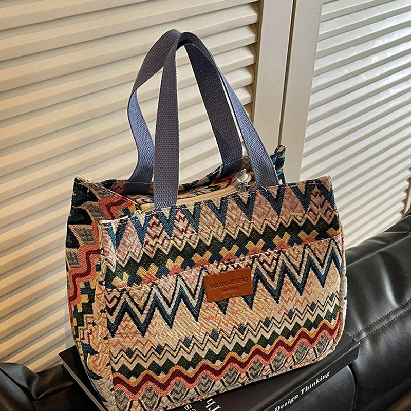 Bohemian Ethno-Stil Geometrischer Druck Canvas-Tragetasche, Bunte Zickzack-Muster Handtasche für Damen, Große Kapazität Pendler-Schultertasche – Detail 11