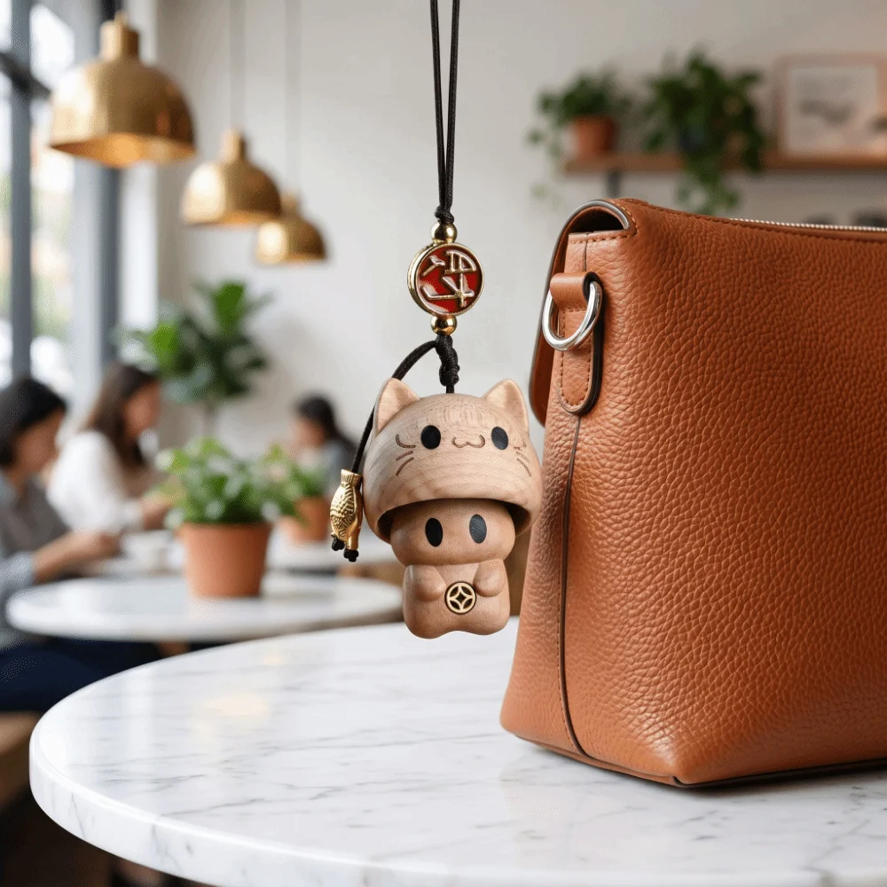 Cartoon Beech Wooden Cat Phone Chain Hand-carved Cute Bag Charm Creative Movable Car Hanging Ornament Bag Decor
