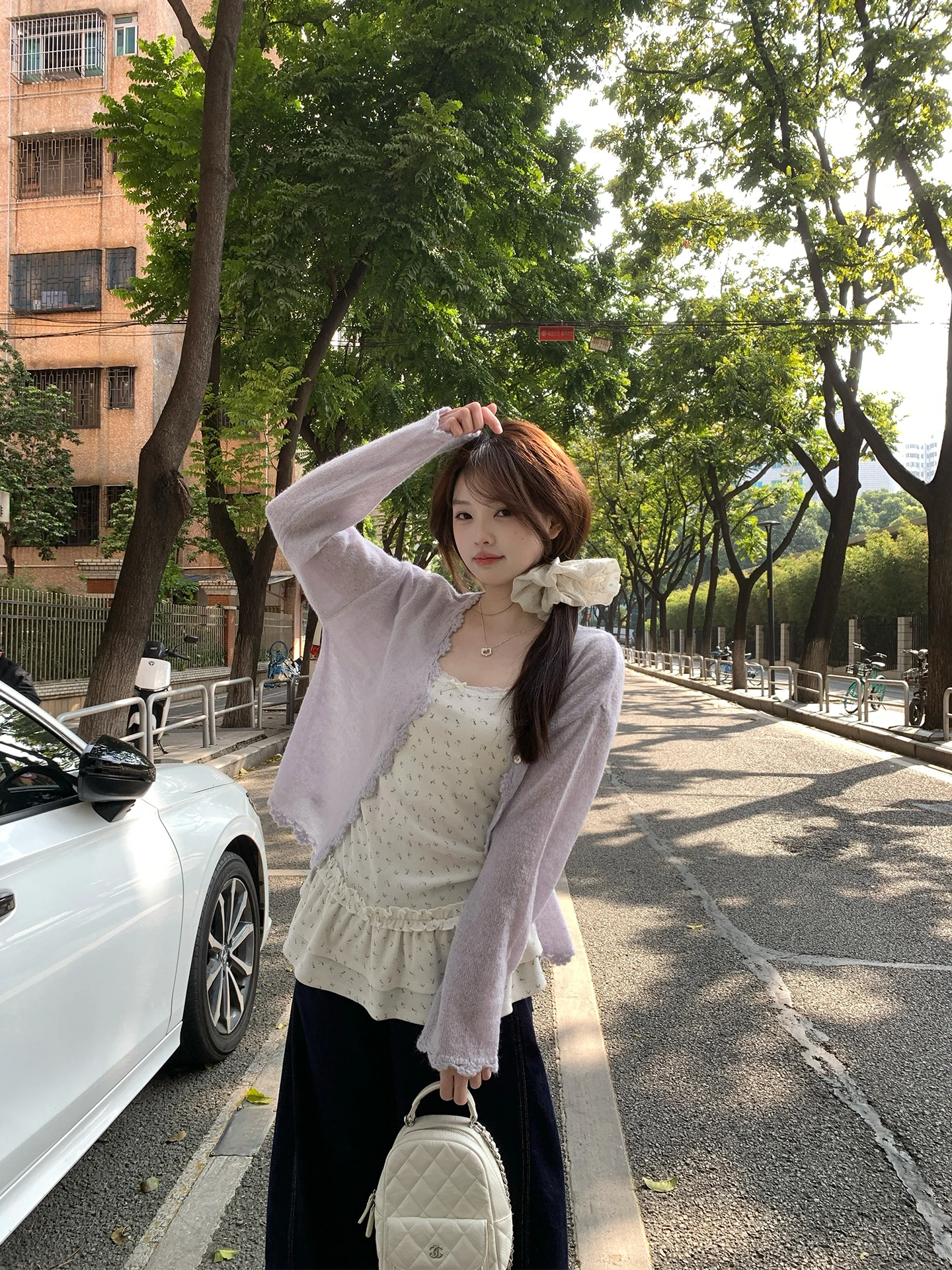 

Song Zhengen Gentle Purple V-ne Lace Thin Knitted Open Cardigan Women's Spring Loose Casual Small Top Trendy Knitted Coat