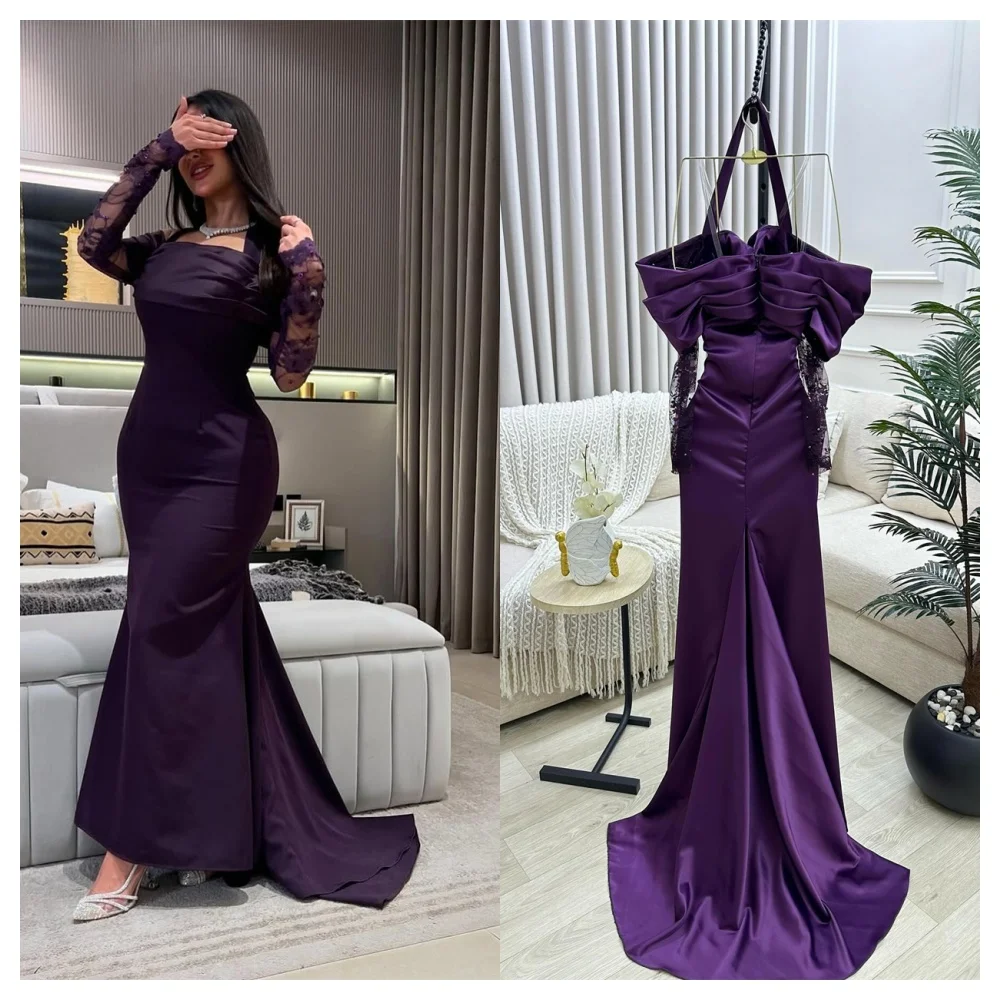 

Customized Mermaid Fashion Purple Satin Evening Dress Delicate Square Collar Long Sleeves Party Dress Fashion Celebrity Gowns