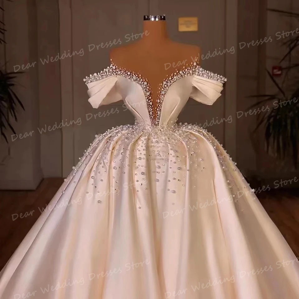 Abiti da sposa moderni con perline abiti da sposa Sexy con scollo A V da donna in raso con spalle scoperte manica lunga Vestido De Novia