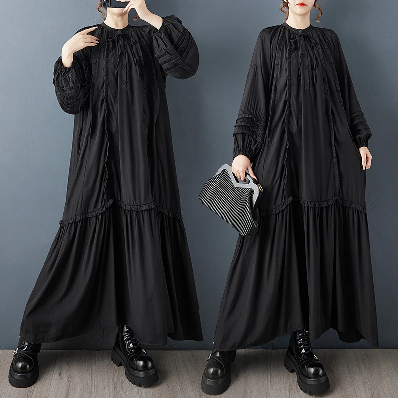 

Retro Dark Heavy Work Loose Midi Dress with Wooden Trim Irregular Splicing Elegant Ladylike Long Sleeve Autumn New Style