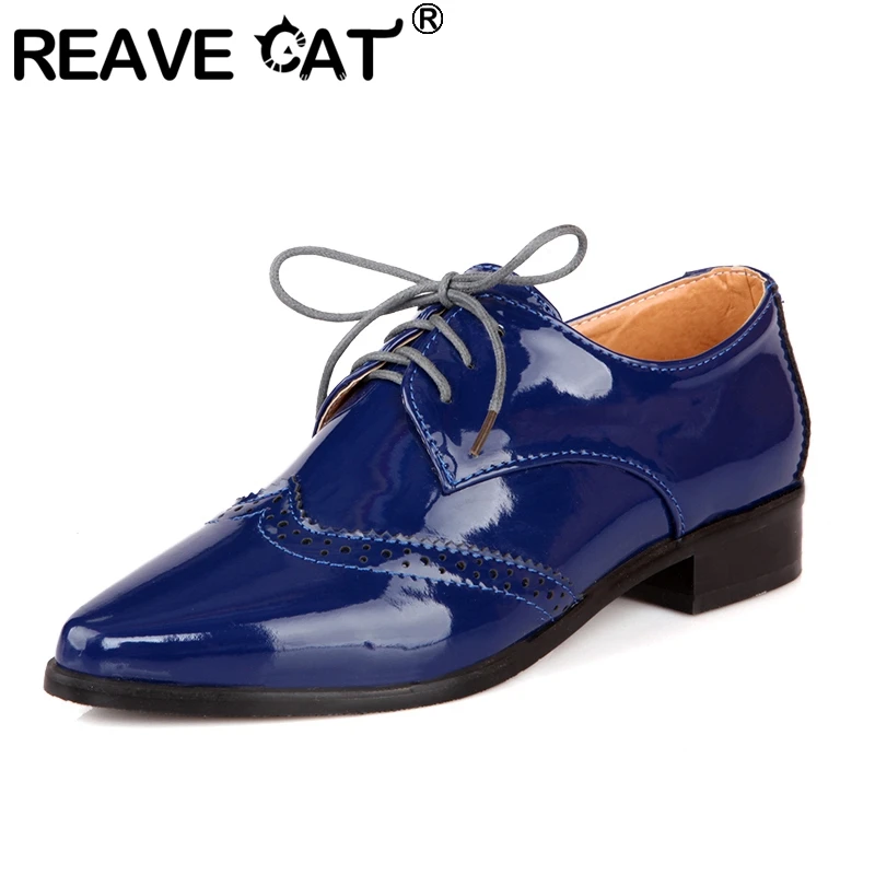 REAVE CAT 2021 Ladies Flats Oxfords Polka Lace Up Vintnge Brogue Pointed Toe 3CM Chunky Heel US12 Black Red Blue A4389