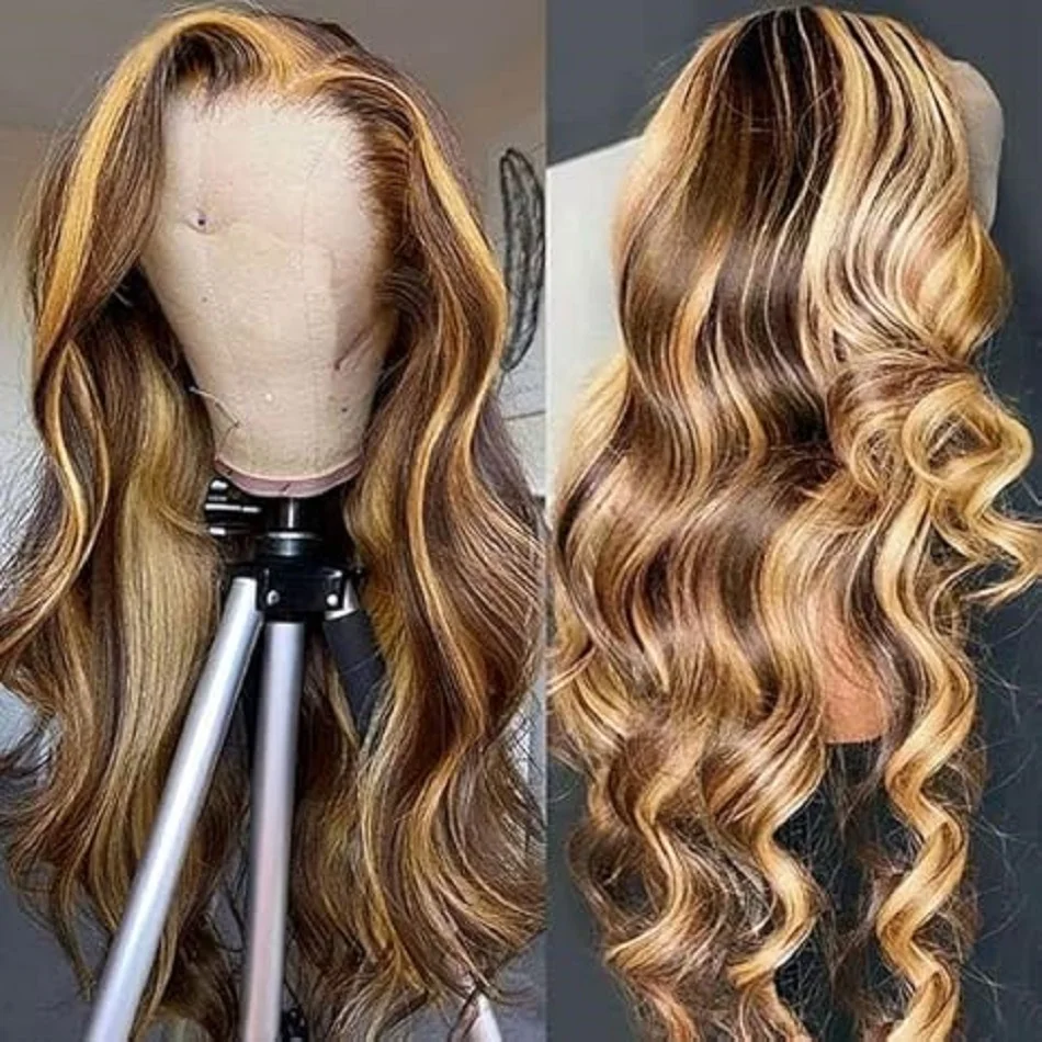 Sixqueen Perruques Lace Front 13x4 Ombré avec mèches, cheveux humains avec baby hair, densité 180, blond miel 4/27, ondulées, 26 pouces