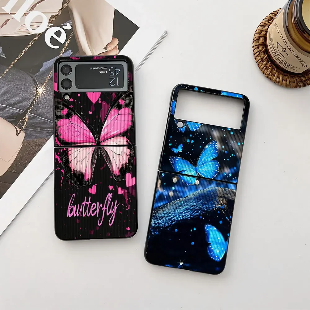 Luxury Butterfly Flower Case For Samsung Galaxy Z Flip 6 5 4 3 Cases Leather-Grain Shockproof Cover Galaxy Z Flip6 Flip4 Flip5 3