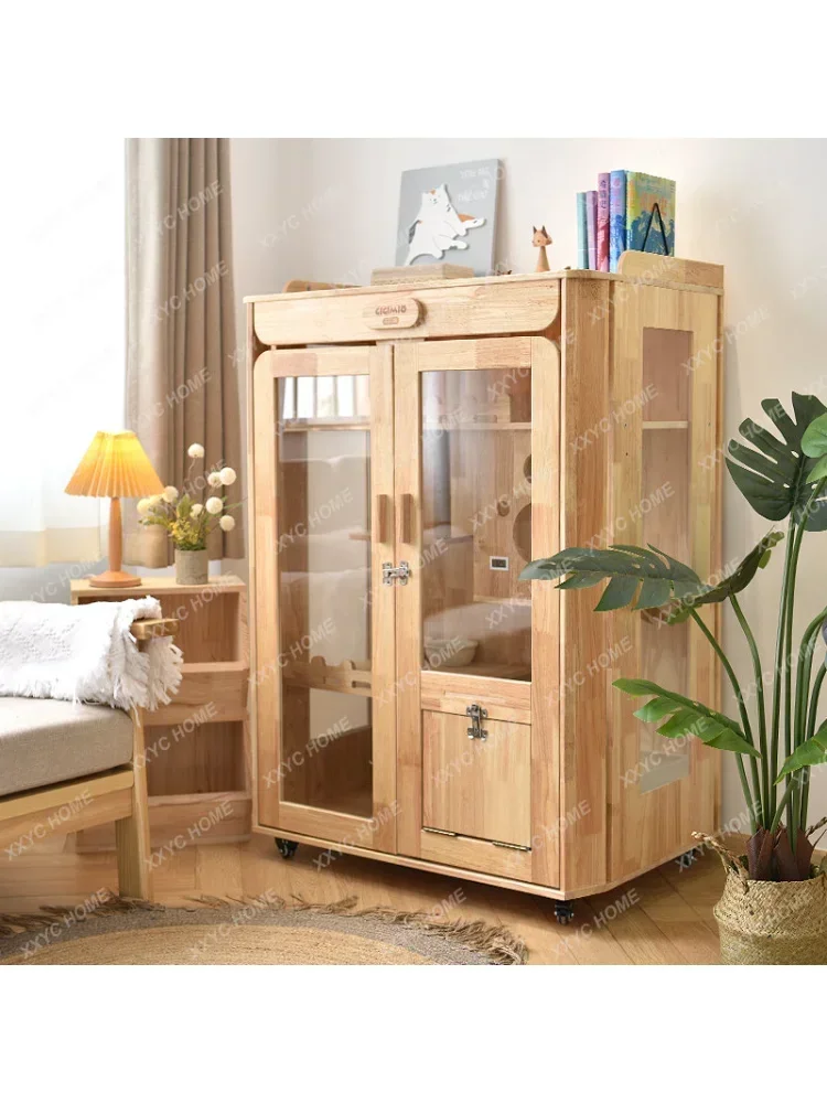 Solid Wood Cage Extra Large Free Space Cattery House Household Two-Layer Dogs and Cats Cabinet with Toilet