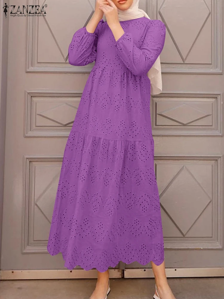 

2025 ZANZEA Fashion Muslim Abaya Dresses Summer Women Long Sleeve Lace Crochet Dress Embroidery Holiday Sundress IsIamic Vestido