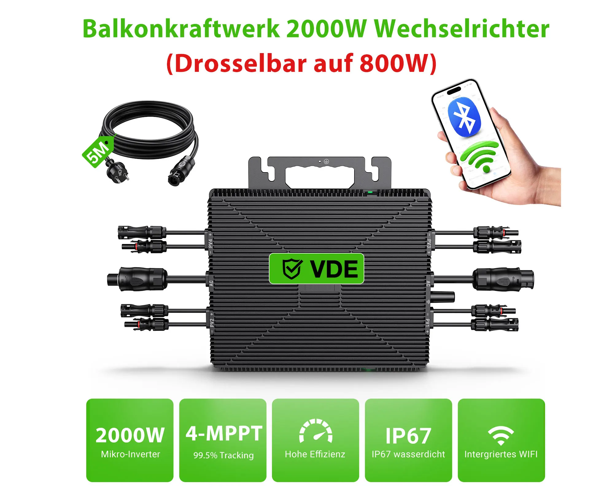 2000W Solar-Netzwechselrichter für Solarmodule, Haushalts-Netzanschluss-System, PV-Wechselrichter, Versand aus EU mit 5M Kabel
