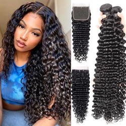 Lose Tiefe Welle Menschliches Haar Bundles Mit Verschluss Transparent 4x4 Verschluss 13X4 Frontal Menschliches Haar Weben tissage 3/4 Bundles Lockige