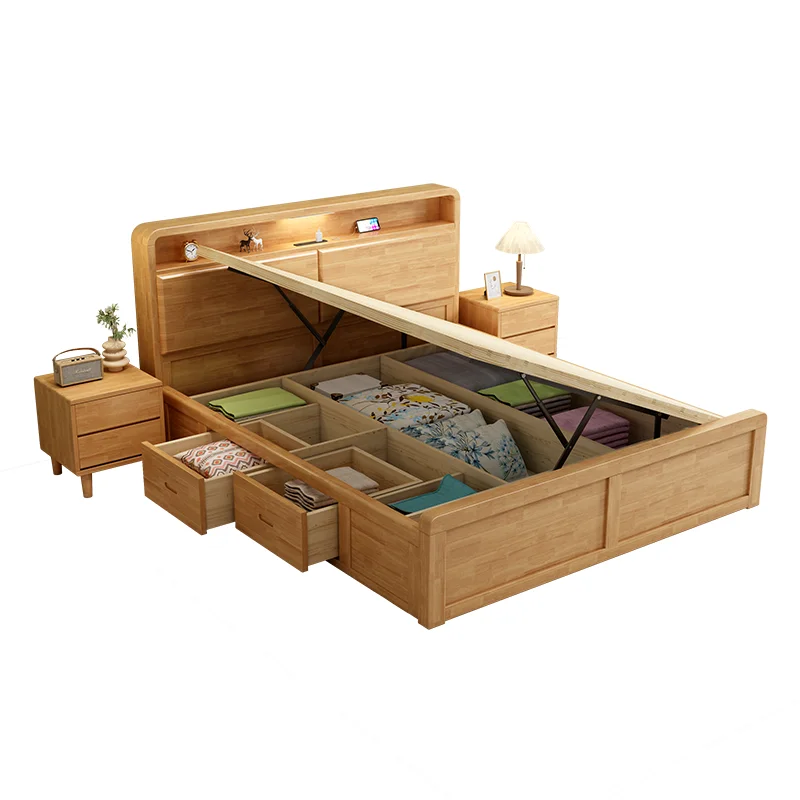 Cama Estofada Moderna Estilo Nórdico Queen/King Size com Gavetas Elevadas para Armazenamento a Vácuo para Quarto