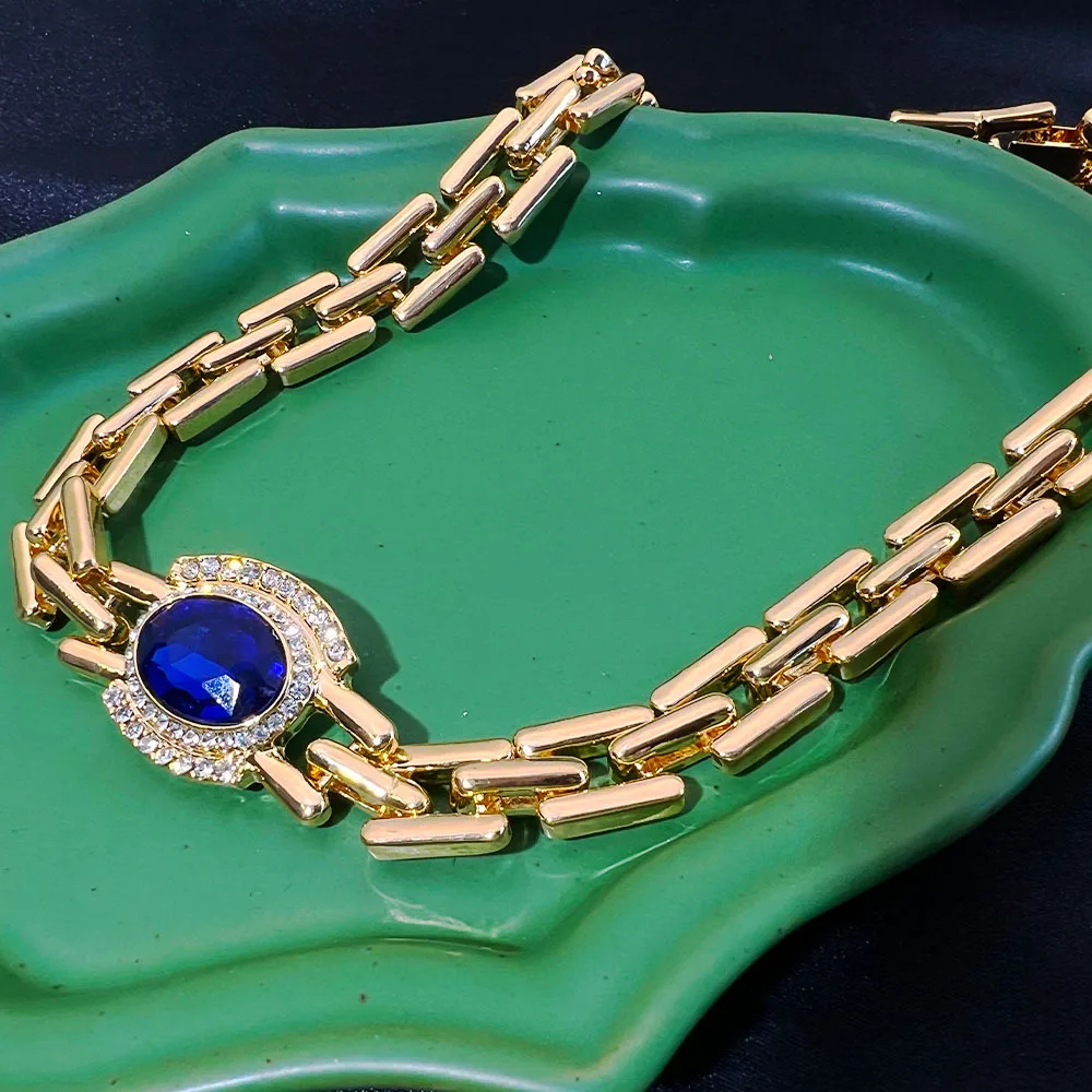 High sense versatile necklace, blue gemstone plated real gold luxury vintage texture vintage marked necklace