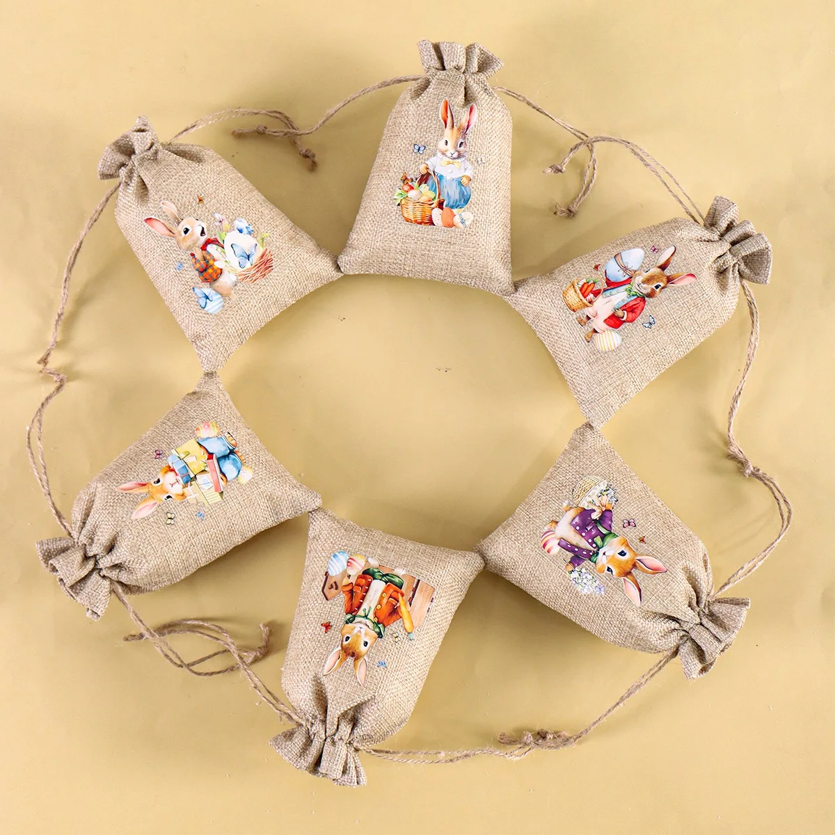 6pcs Easter Burlap Candy Bags Colorful Easter Bunny Gift Bags Egg Hunting Linen Jute Bag Easter Party Supplies - Detail 1