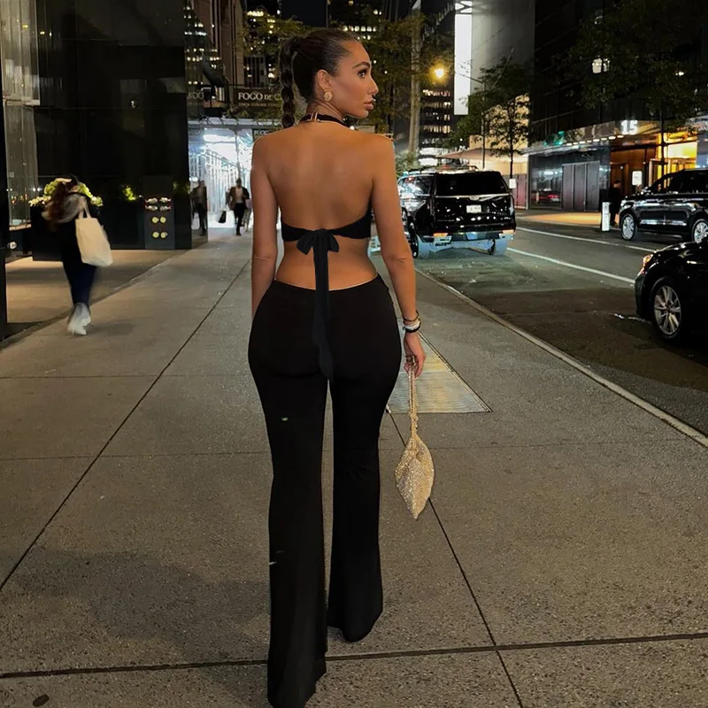 여름 여성 점프수트 딥 브이넥 홀터 백리스 타이 사이드 골드 3D 플로럴 아플리케 우아한 원피스 플레어 팬츠 의류