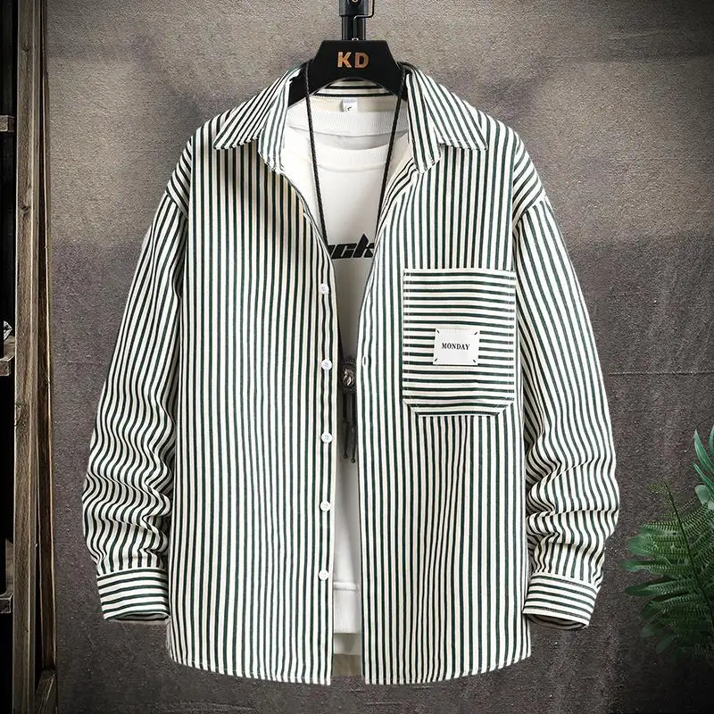 2023Spring and Autumn Men's Square Neck Striped Button Pocket Korean Edition Casual Fashion Elegant Commuting Long sleeved Shirt