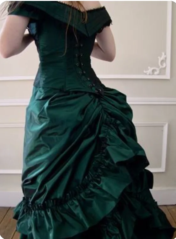 1860s Victorian green Bustle gown dress victorian Gothic steampunk ball gown vampire off shoulder wedding dress custom made