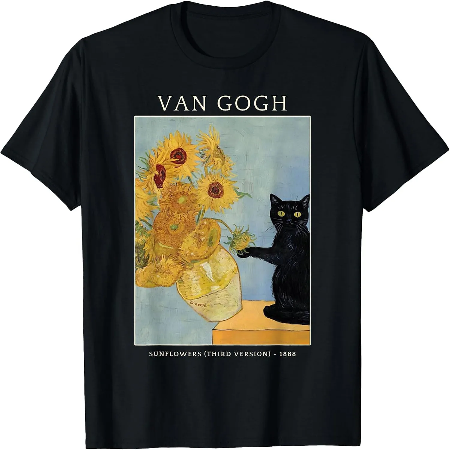 Van Gogh Sunflowers Black Cat Funny Art Painting Parody Graphic T-Shirt