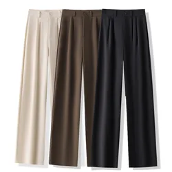 2024 New High Waist Women Suit Pants Straight Office Ladies Fashion Trousers Casual Button Loose Female Coffee Black Pants